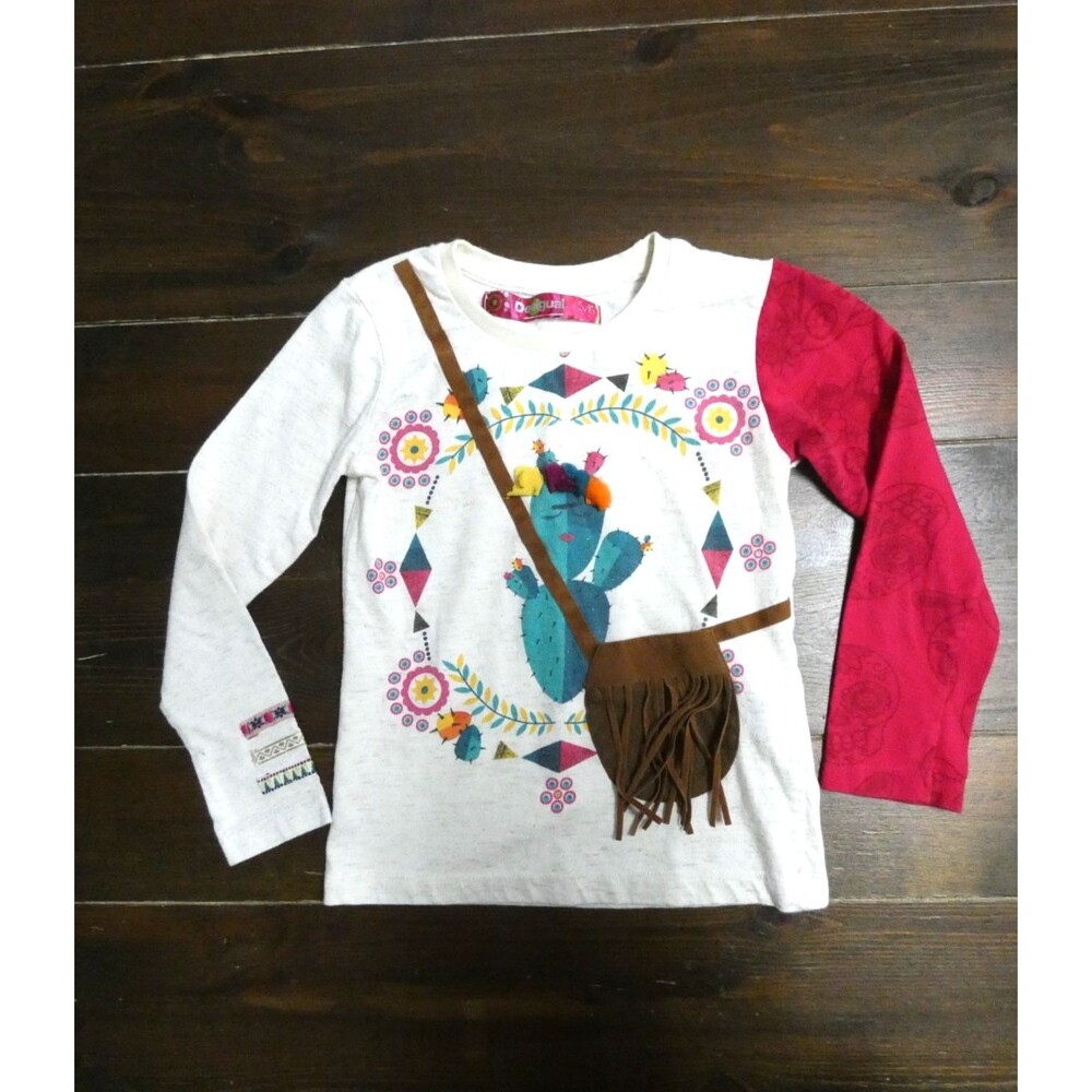 Desigual Kids Girls 5/6 Graphic Cactus Tshirt Long Sleeve Top Fringe Detail Boho